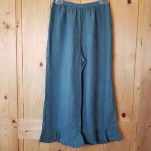 Flax 100% Linen Wide Leg Ruffle Hem Elastic Pull-On Waist Bloomer Pants